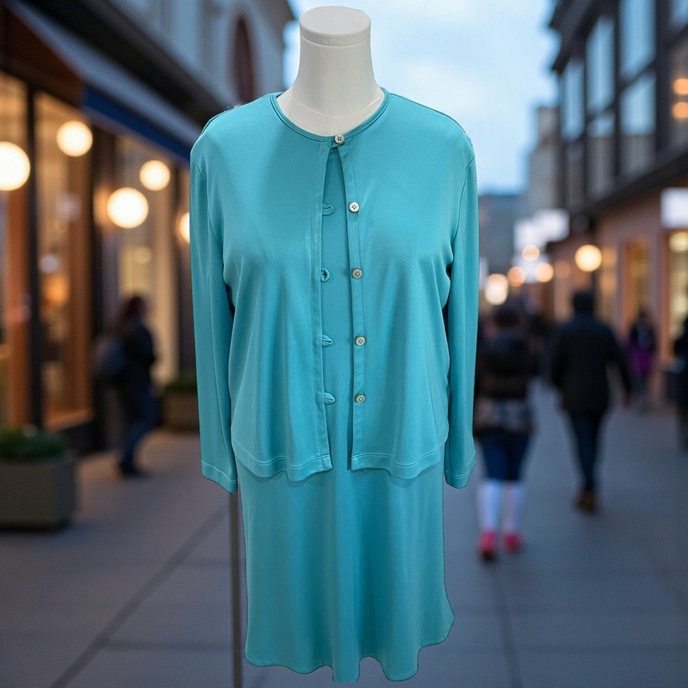 Joan Walters Aqua Blue Two‎ Piece Dress Jacket Set Size 10 Vintage Minimalist